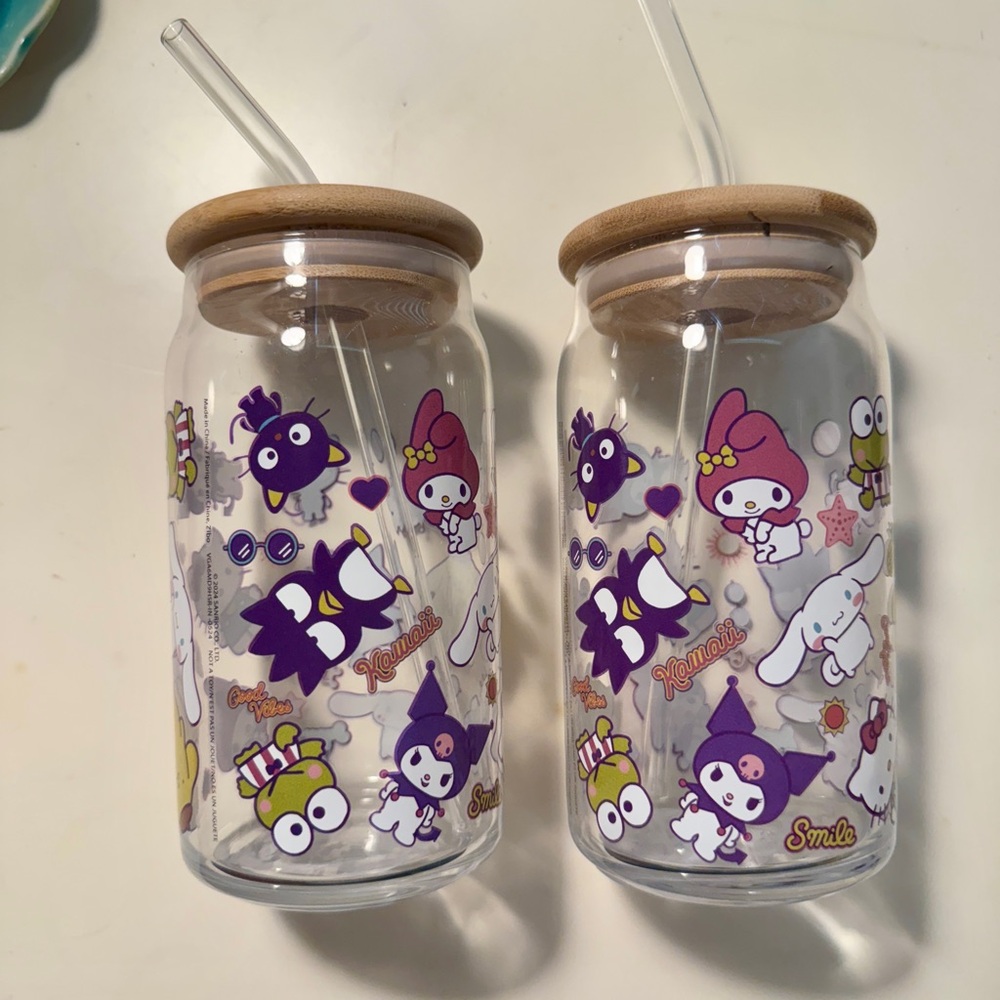 2 Sanrio Hello Kitty Character Glass Cups Tumblers with Straw